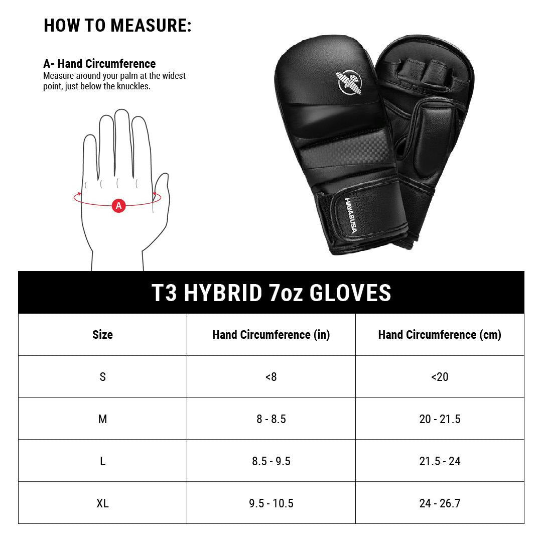 Hayabusa T3 7oz Hybrid Gloves Black Size Guide - The Fight Club