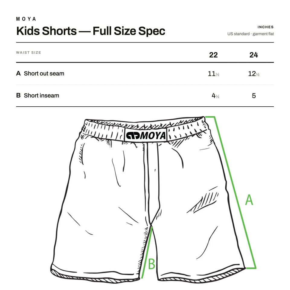 Moya JJC Black Kids Training Shorts Size Guide - The Fight Club