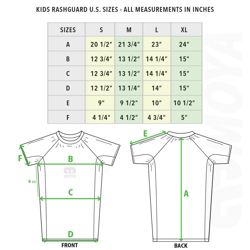 Moya Kids Short Sleeve Rash Guard Size Guide - The Fight Club