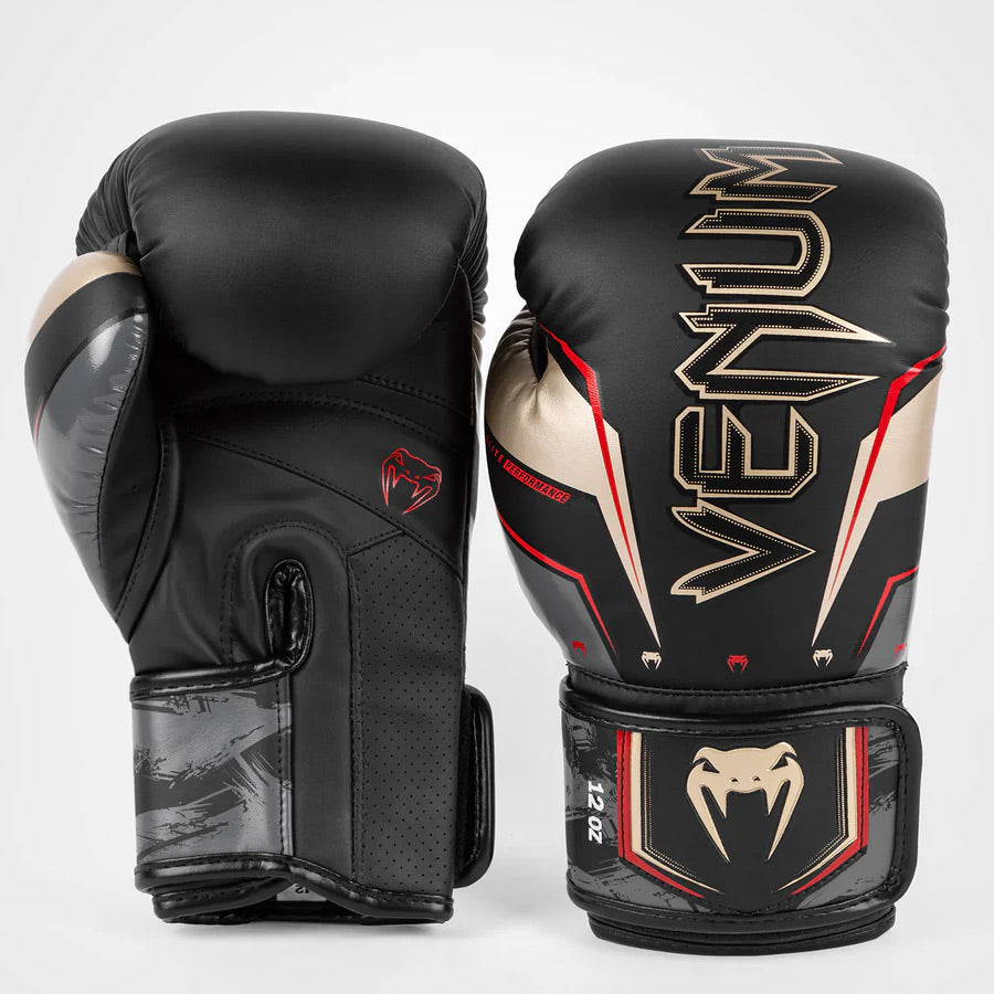 Venum Elite Evo Boxing Gloves Black/Gold/Red - The Fight Club