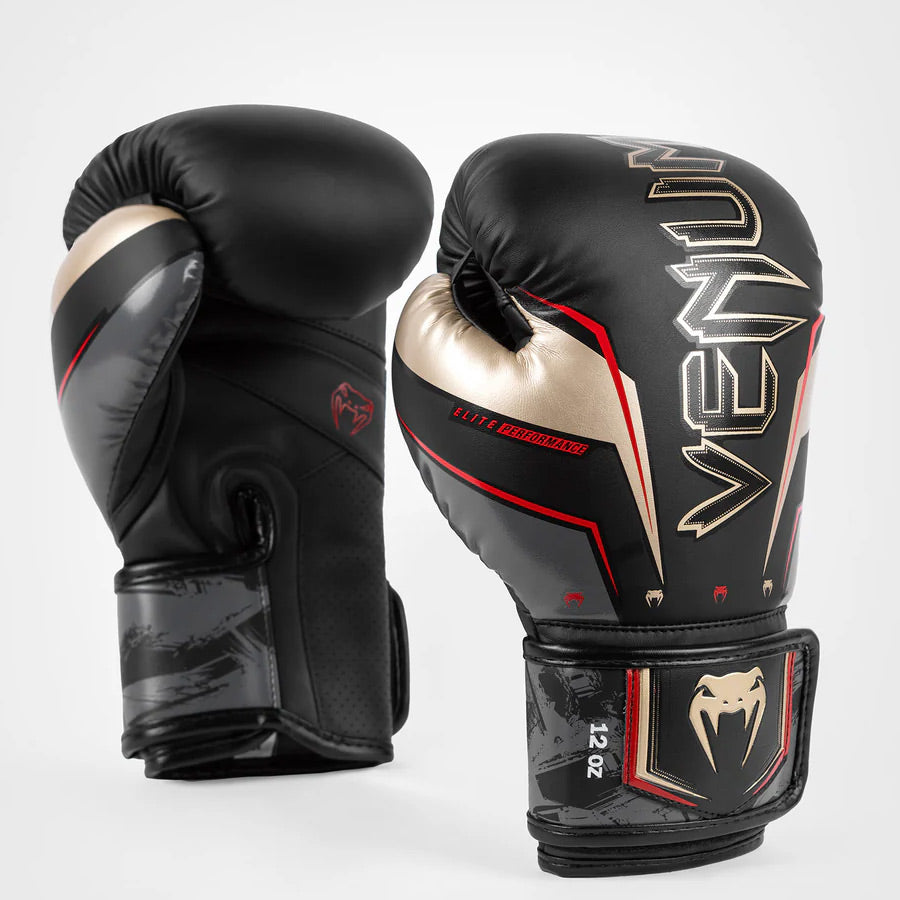 Venum Elite Evo Boxing Gloves Black/Gold/Red - The Fight Club