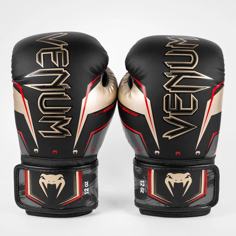 Venum Elite Evo Boxing Gloves Black/Gold/Red - The Fight Club