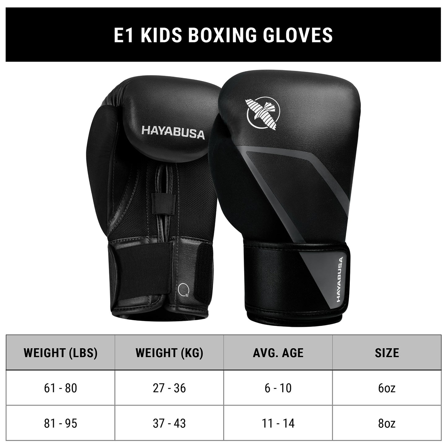 Hayabusa E1 Youth Boxing Gloves Black/Grey - The Fight Club