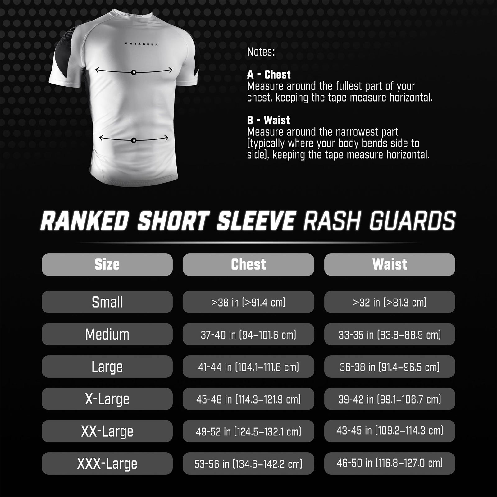 Hayabusa Pro Ranked Short Sleeve Rash Guard Black Size Guide - The Fight Club