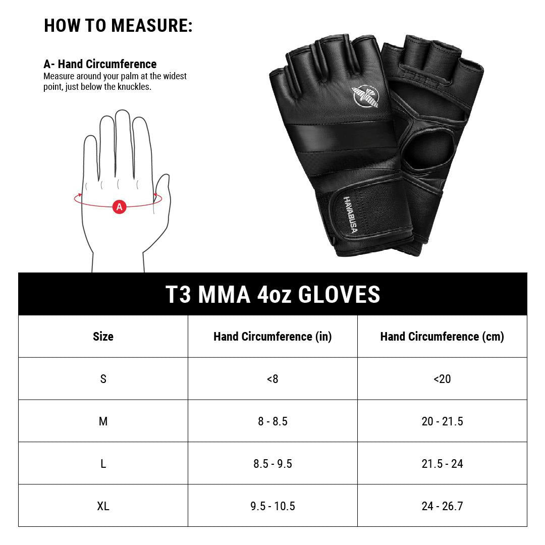 Hayabusa T3 MMA 4oz Gloves Black Size Guide - The Fight Club