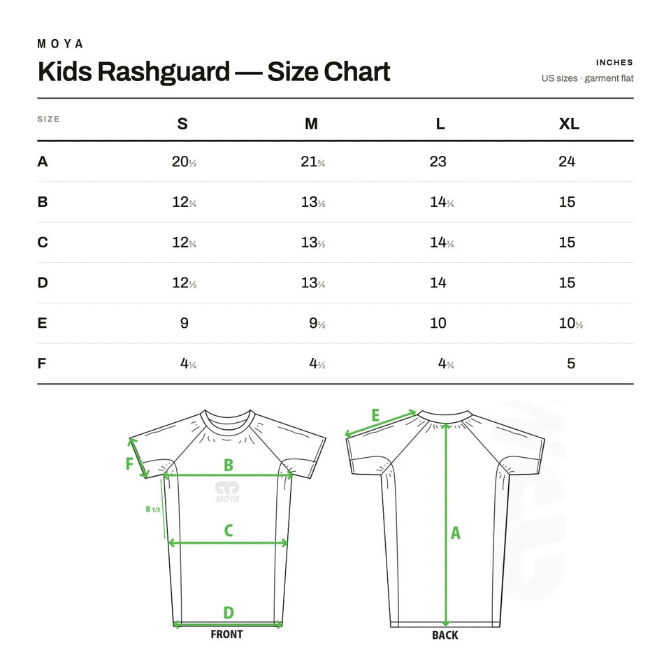 Moya JJC Black Kids Short Sleeve Rash Guard Size Guide - The Fight Club