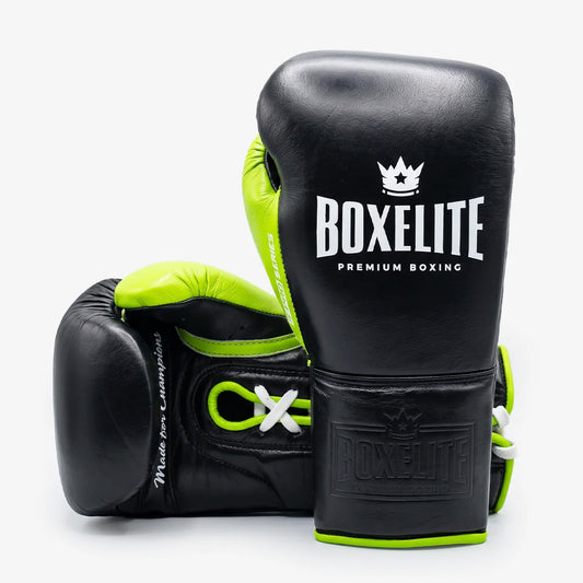 BoxElite S-Pro Series Boxing Gloves Black/Neon Laces - The Fight Club