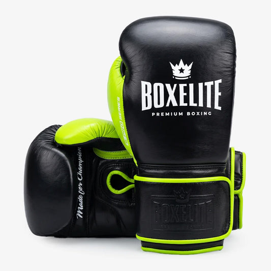 BoxElite S-Pro Series Boxing Gloves Black/Neon Velcro - The Fight Club