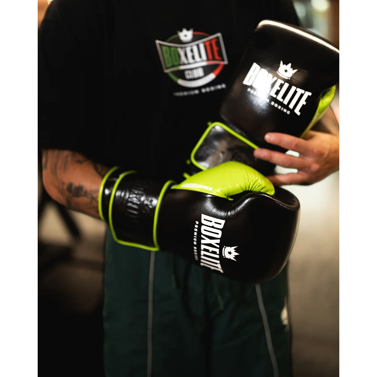 BoxElite S-Pro Series Boxing Gloves Black/Neon Velcro - The Fight Club