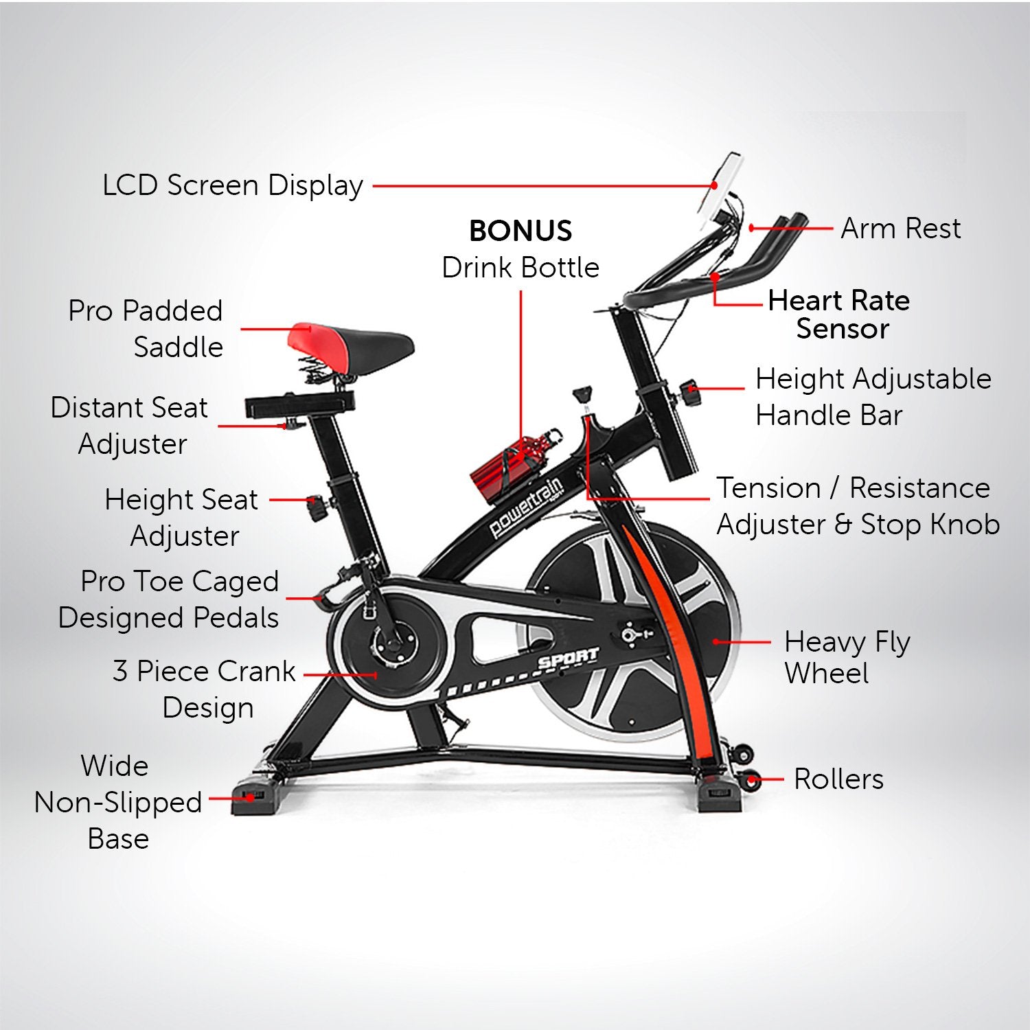 Powertrain Home Gym Flywheel Exercise Spin Bike - Black - The Fight Club