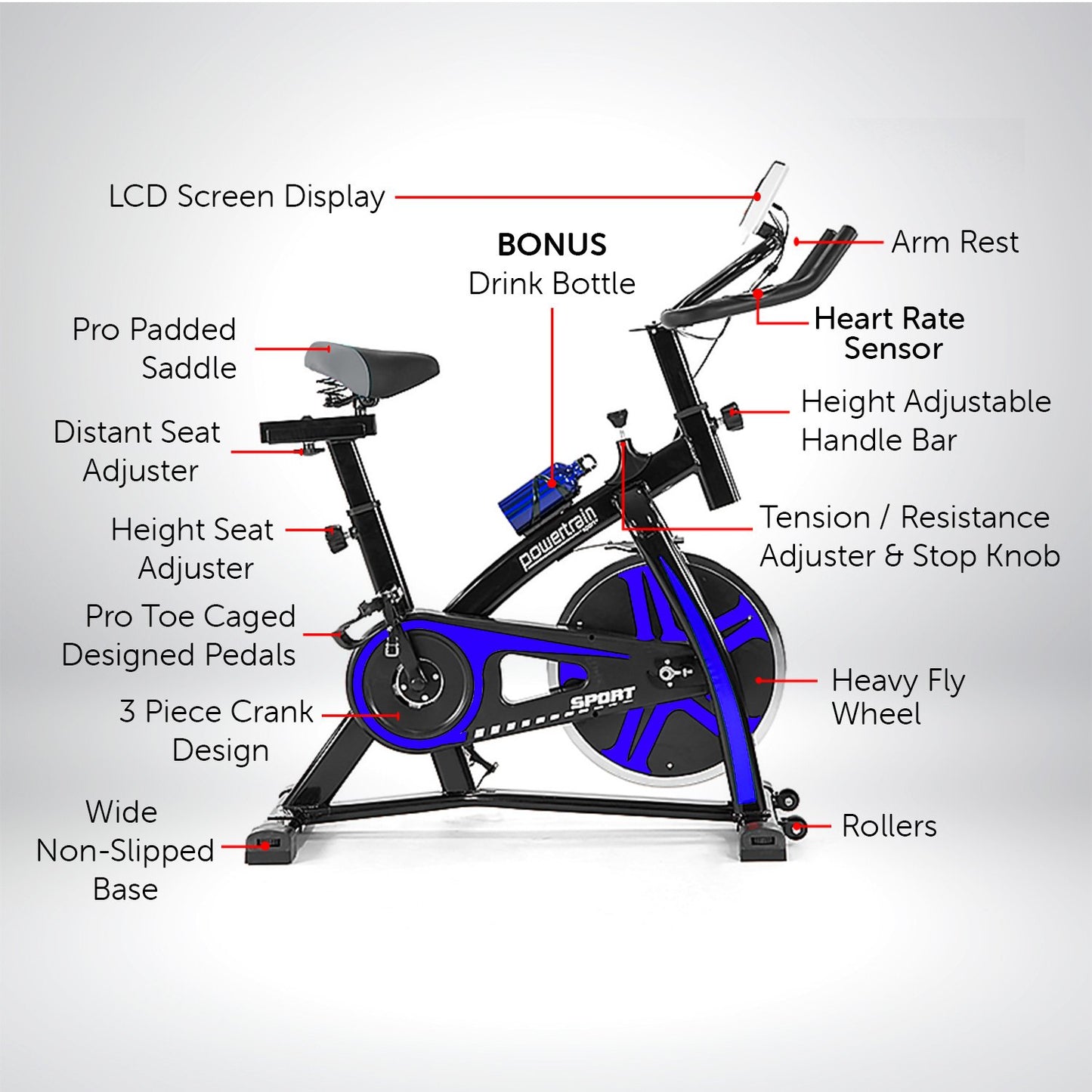 Powertrain Home Gym Flywheel Exercise Spin Bike - Blue - The Fight Club