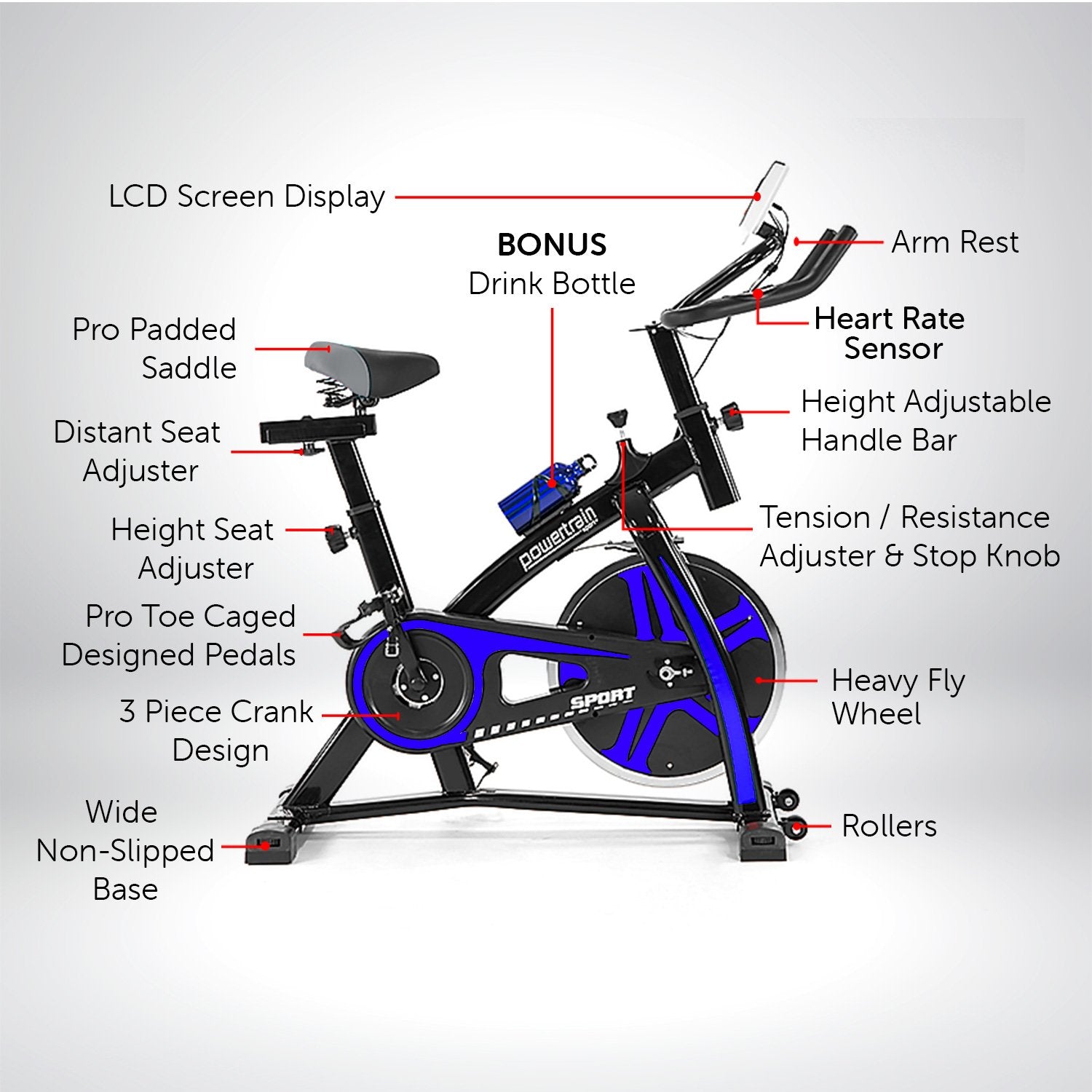 Powertrain Home Gym Flywheel Exercise Spin Bike - Blue - The Fight Club