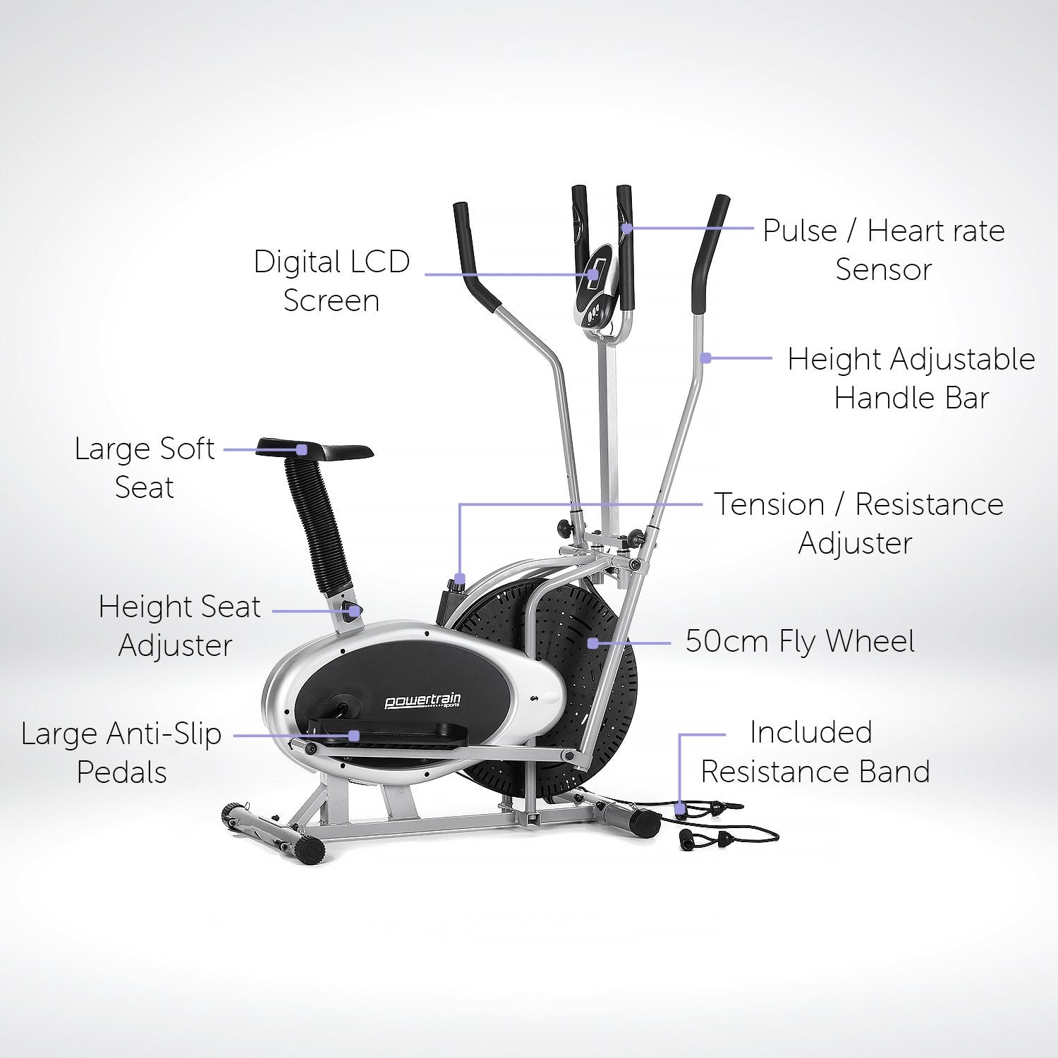 Powertrain 3-in-1 Elliptical Cross Trainer Exercise Bike with Resistance Bands - The Fight Club