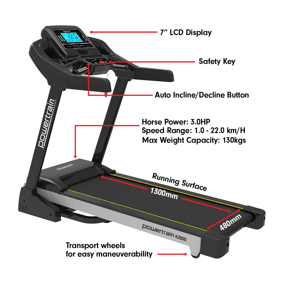 Powertrain K2000 Treadmill w/ Fan & Auto Incline Speed 22km/h - The Fight Club