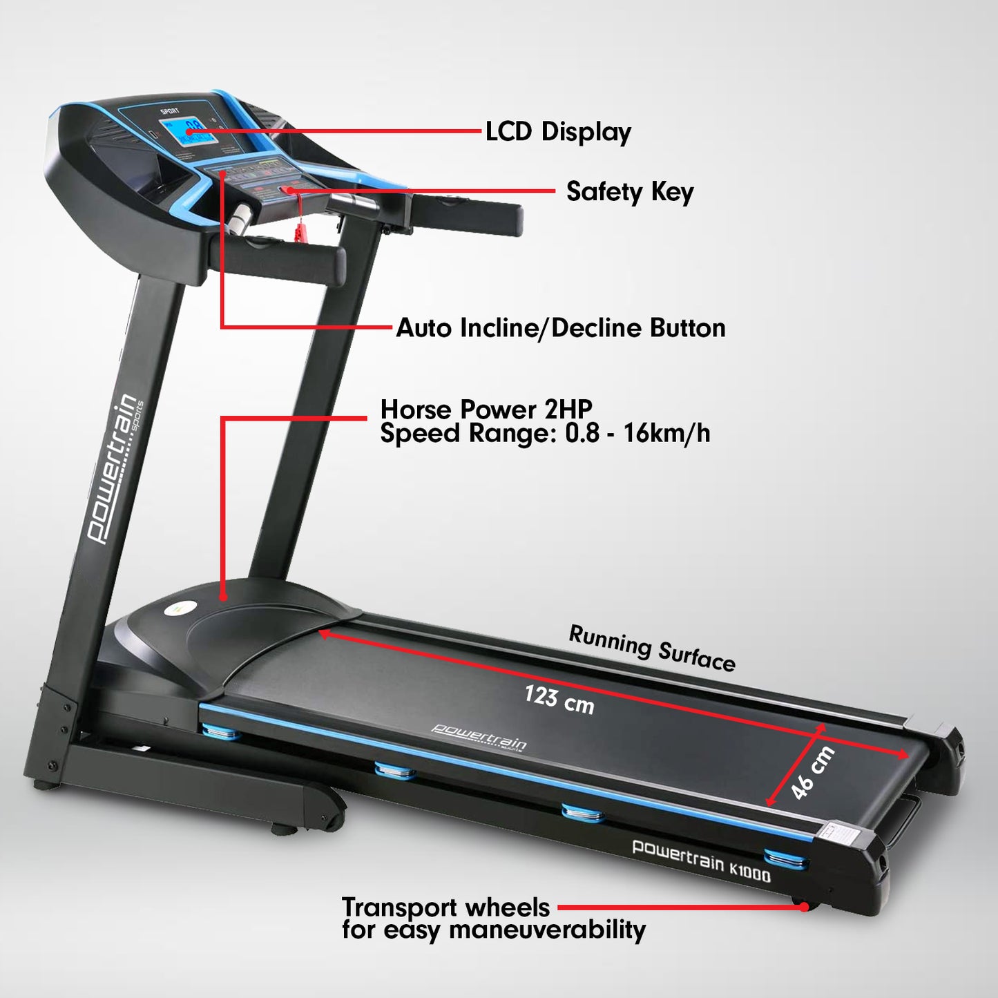 Powertrain K1000 Foldable Treadmill with Incline for Home Gym Cardio - The Fight Club