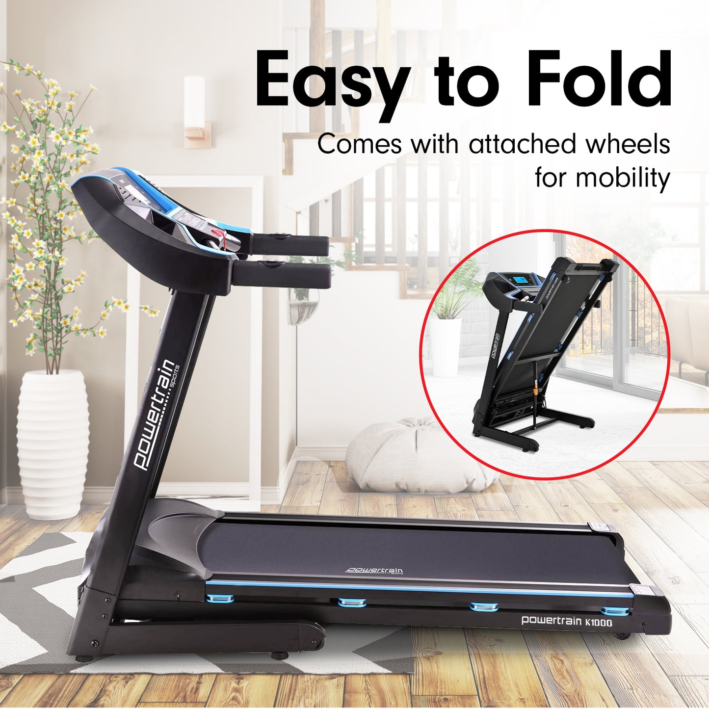 Powertrain K1000 Foldable Treadmill with Incline for Home Gym Cardio - The Fight Club