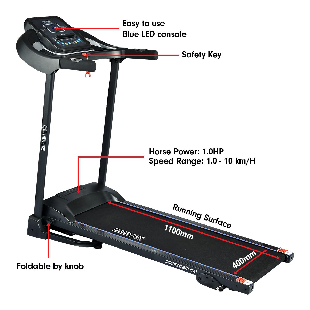 Powertrain MX1 Foldable Home Treadmill for Cardio Jogging Fitness - The Fight Club