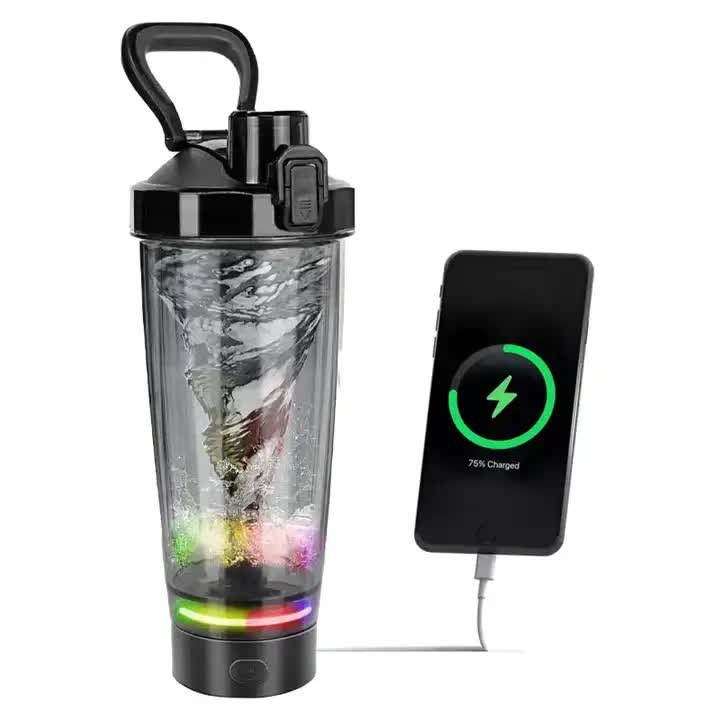 Black Portable Electric Shaker Bottle with LED Light, 550ml Sports Protein Mixer Cup for Gym and Travel