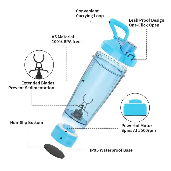 Blue Portable Electric Shaker Bottle without LED Light, 550ml Sports Protein Mixer Cup for Gym and Travel