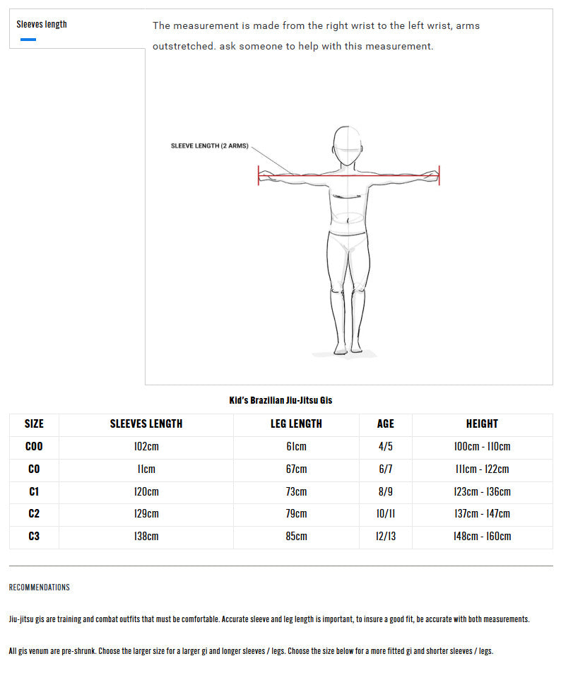 Venum Contender Kids Jiu Jitsu Gi White Size Guide - The Fight Club