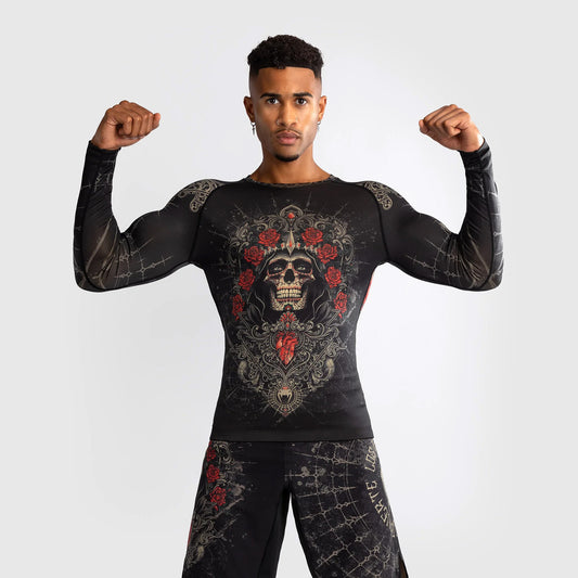 Venum Santa Muerte 5.0 Men's Long Sleeve Rash Guard Deep Black/Gold - The Fight Club