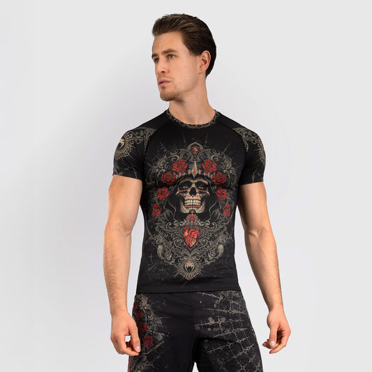 Venum Santa Muerte 5.0 Men's Short Sleeve Rash Guard Deep Black/Gold - The Fight Club