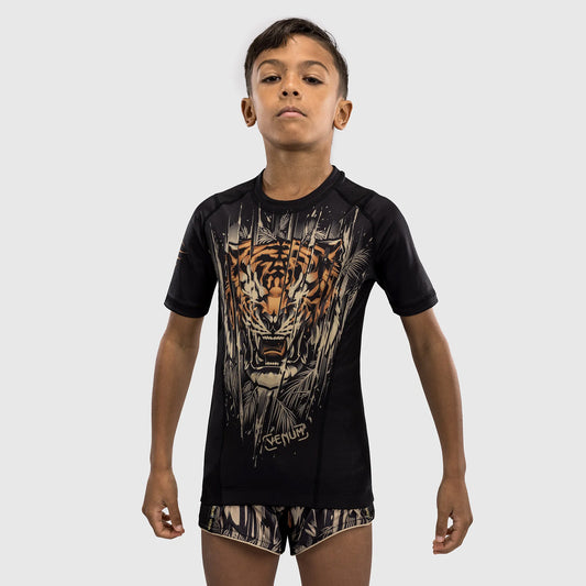 Venum Tiger Kids Short Sleeve Rash Guard Black/Neon Orange - The Fight Club