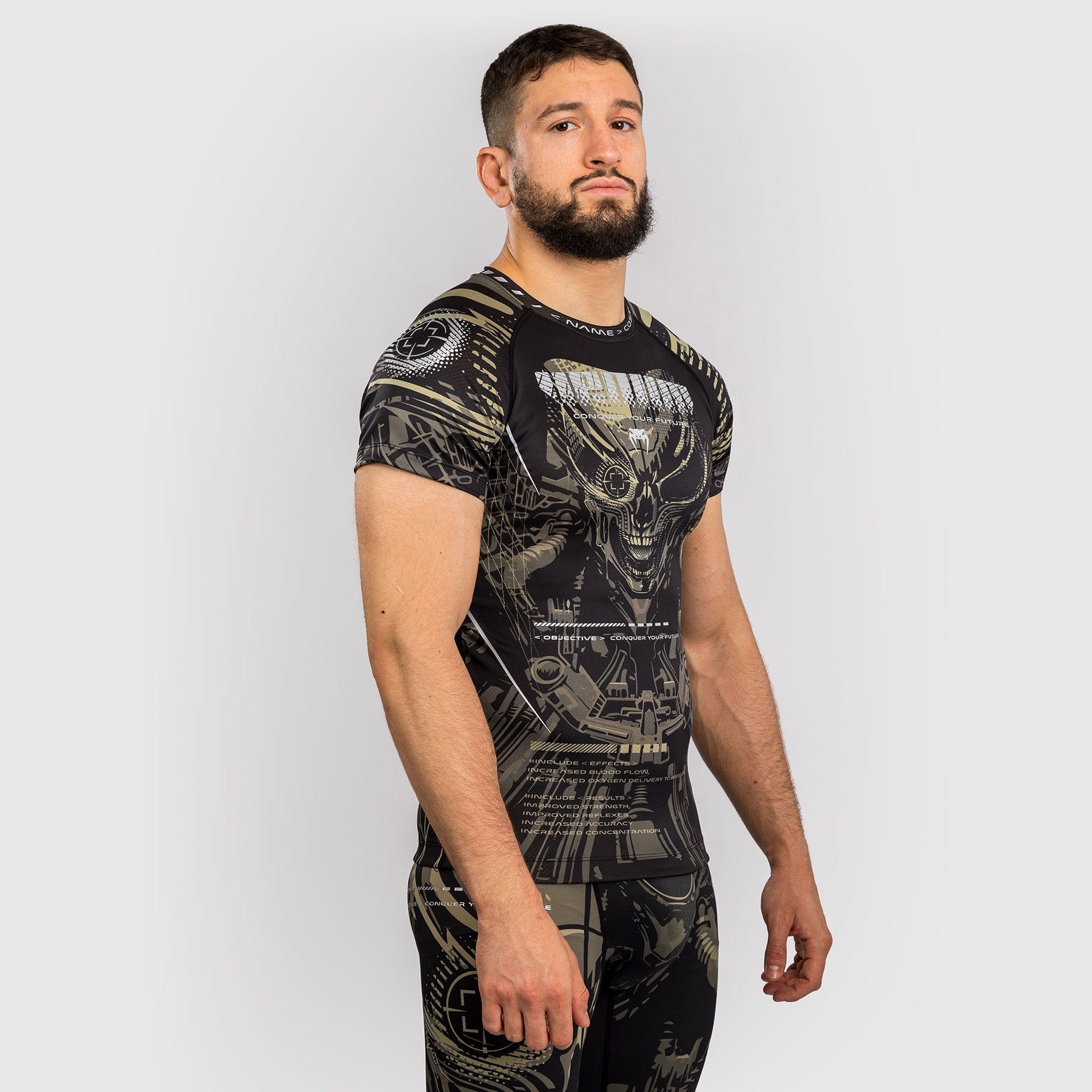 Venum Invader Short Sleeve Rash Guard Black/Sand - The Fight Club