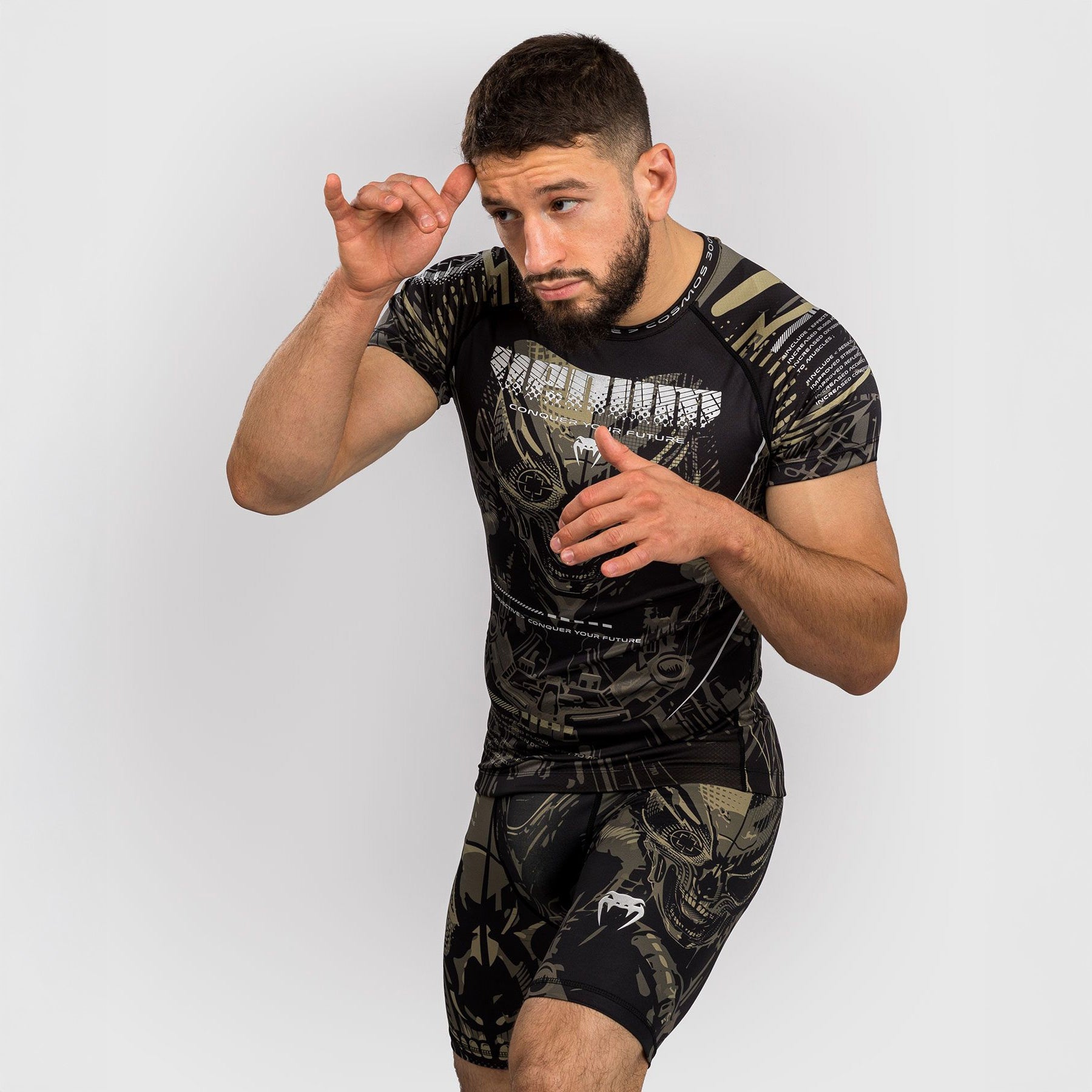 Venum Invader Short Sleeve Rash Guard Black/Sand - The Fight Club