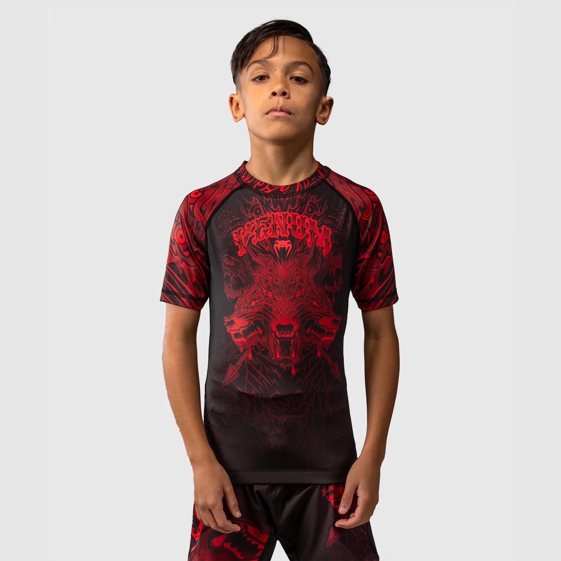 Venum Wolf Atak Kids Short Sleeve Rash Guard Black/Red - The Fight Club