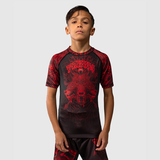 Venum Wolf Atak Kids Short Sleeve Rash Guard Black/Red - The Fight Club