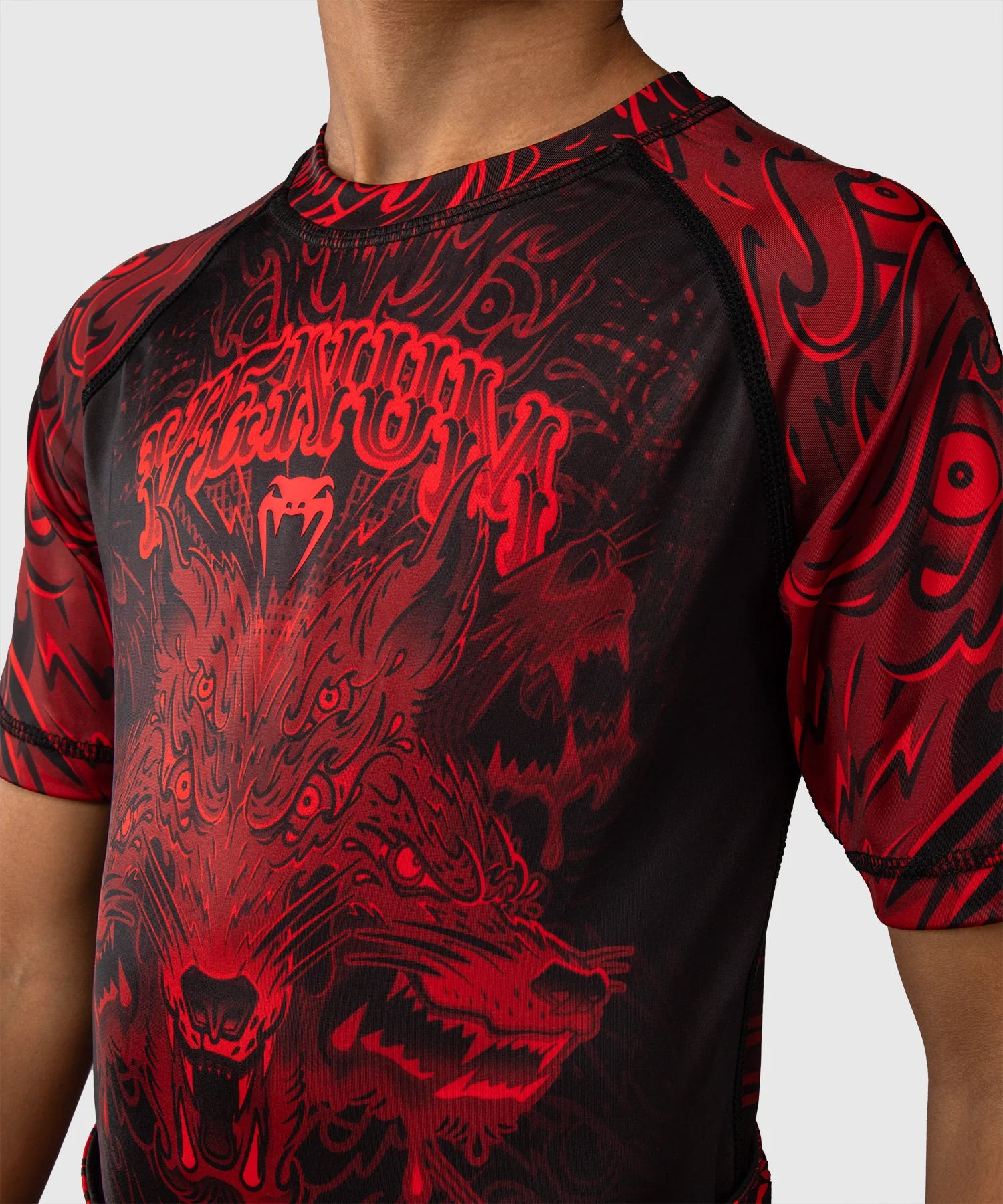 Venum Wolf Atak Kids Short Sleeve Rash Guard Black/Red - The Fight Club