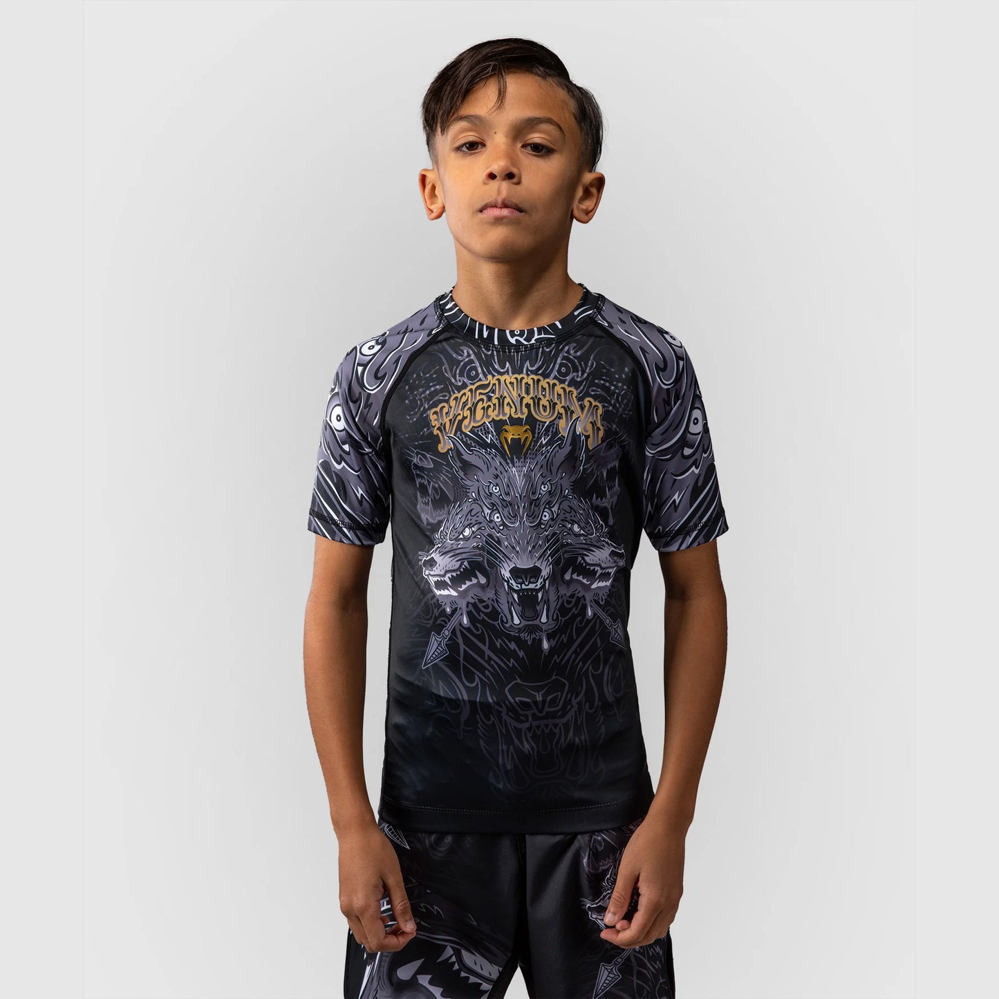 Venum Wolf Atak Kids Short Sleeve Rash Guard Black/Grey - The Fight Club