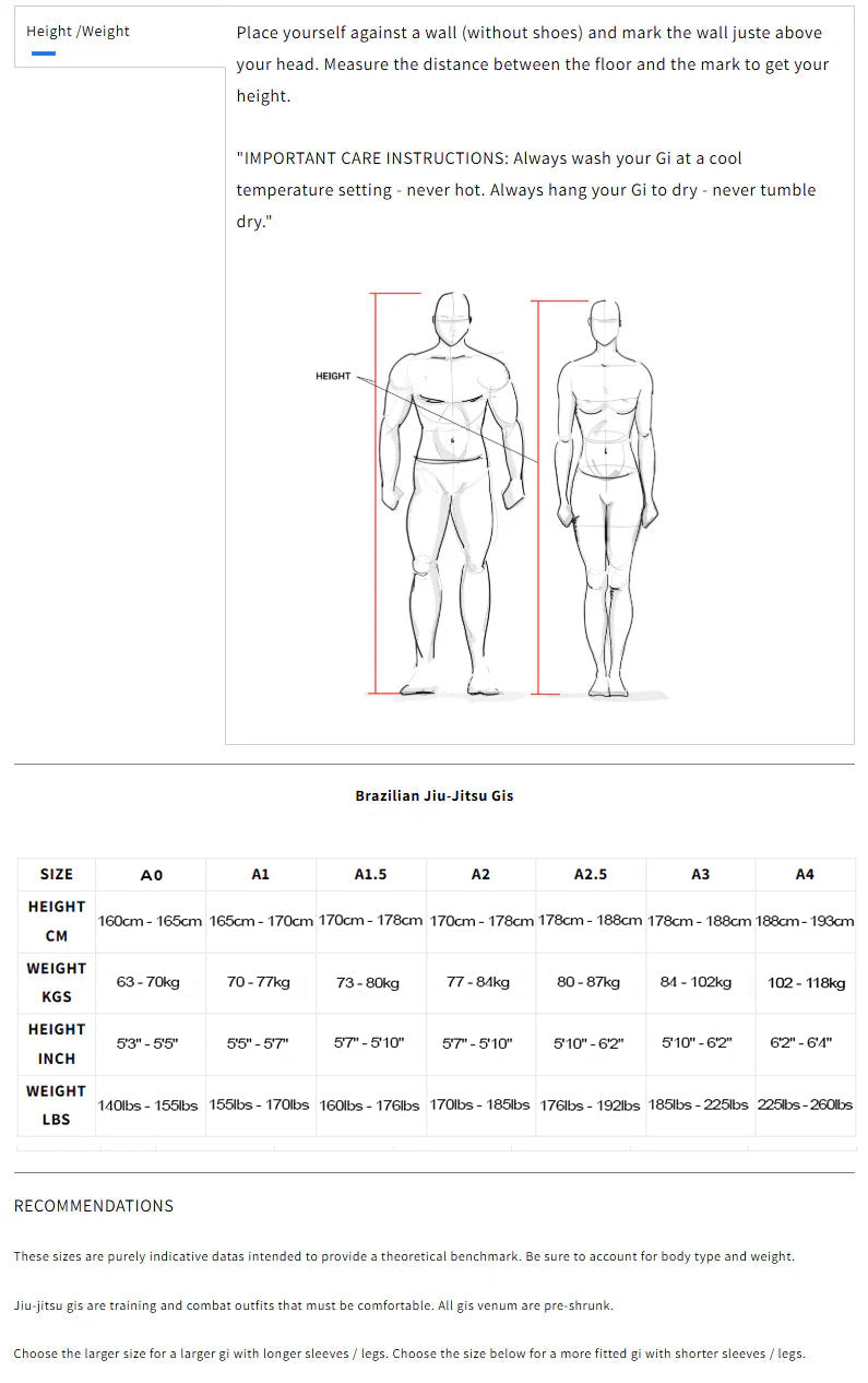 Venum x Roger Gracie Signature BJJ Gi Size Guide - The Fight Club