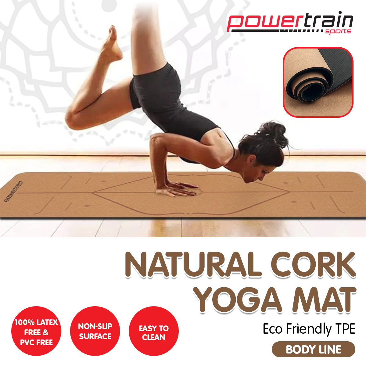 Powertrain Cork Yoga Mat with Carry Straps Home Gym Pilates - Body Line - The Fight Club