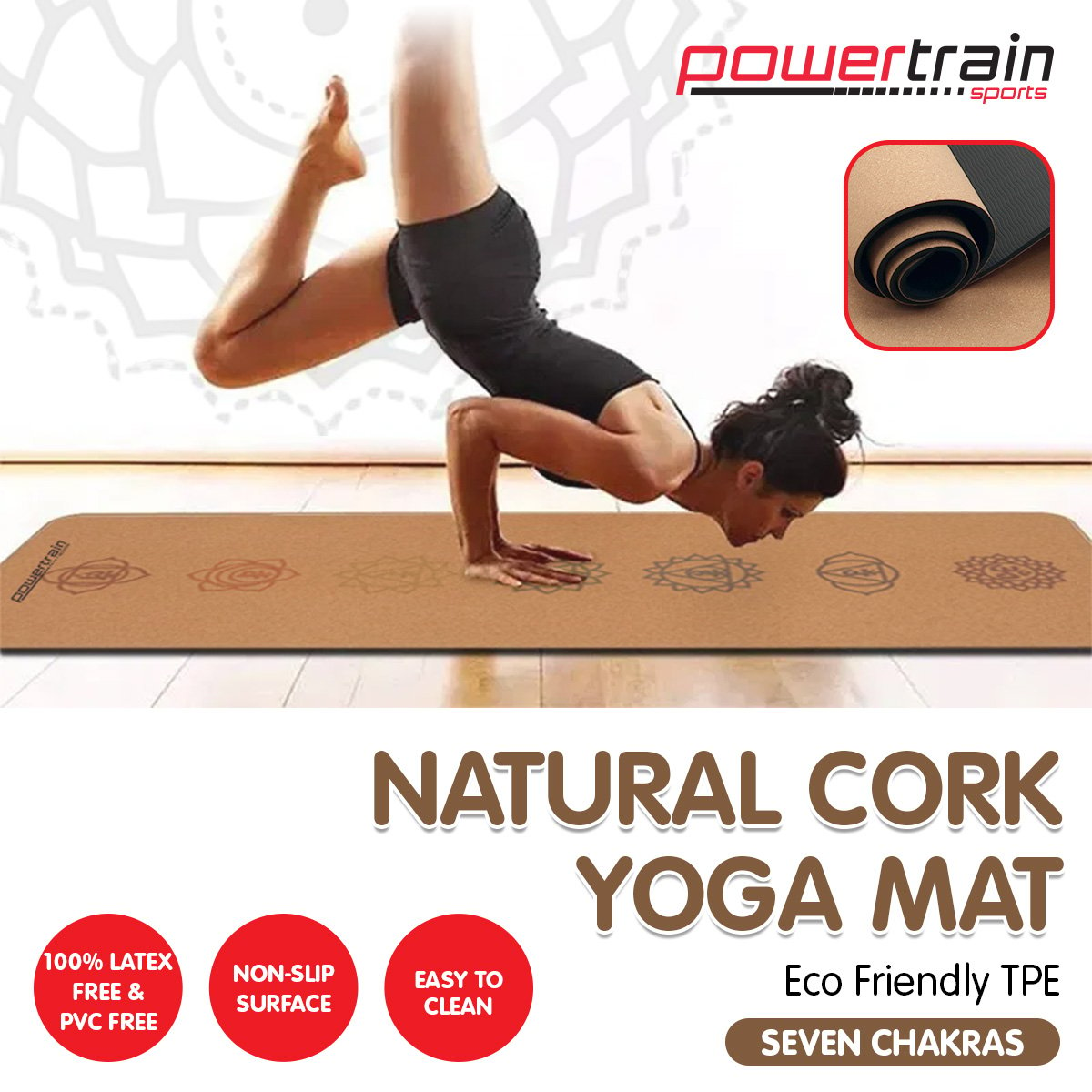 Powertrain Cork Yoga Mat with Carry Straps Home Gym Pilates - Chakras - The Fight Club