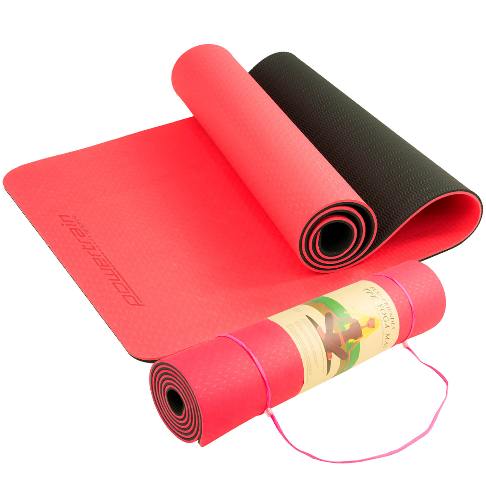 Powertrain Eco-friendly Dual Layer 8mm Yoga Mat | Red Blush | Non-slip Surface And Carry Strap For Ultimate Comfort And Portability - The Fight Club