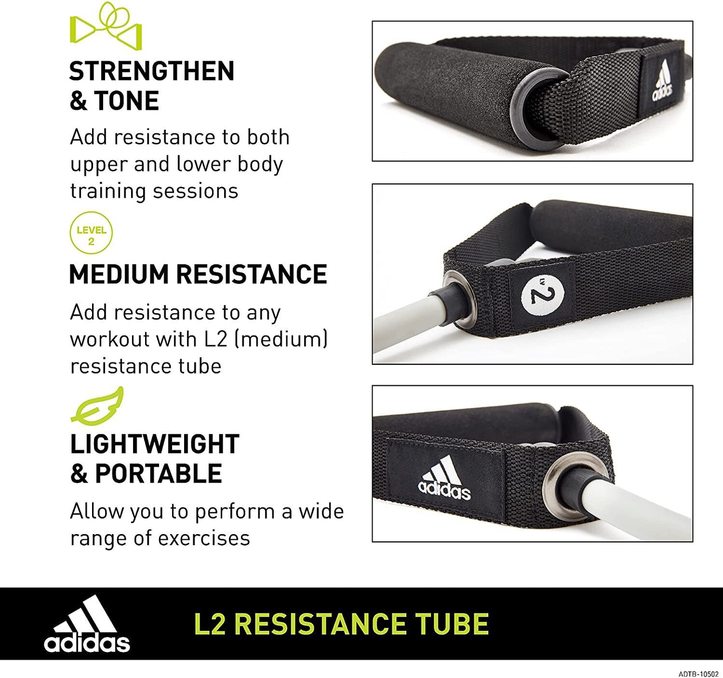 Adidas Resistance Tube Level 2 Band Elastic Yoga Fitness Gym Strap - Grey/Black - The Fight Club