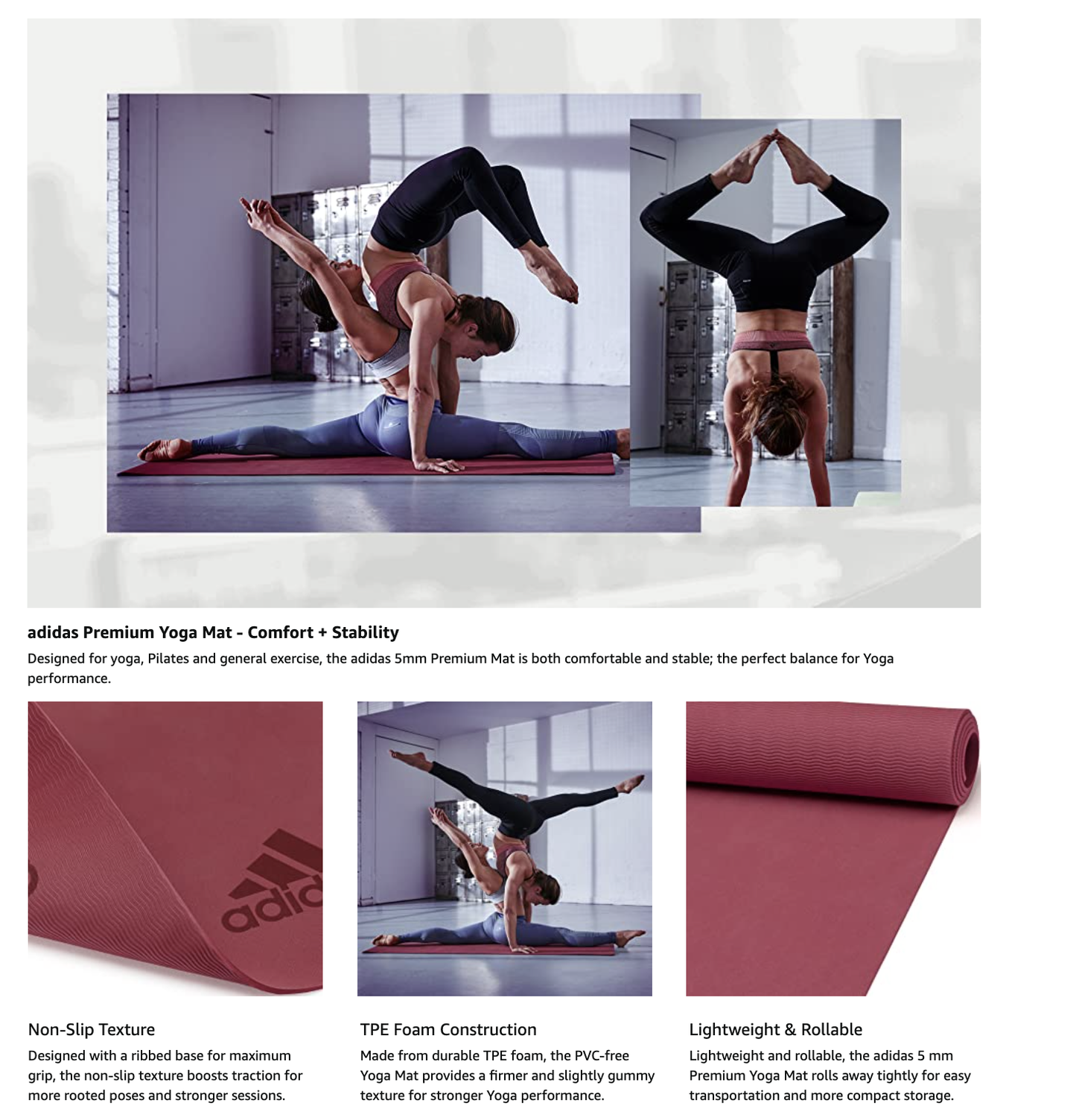 Adidas Premium Yoga Mat 5mm Exercise Training Floor Gym Fitness Pilates - Mystery Ruby - The Fight Club